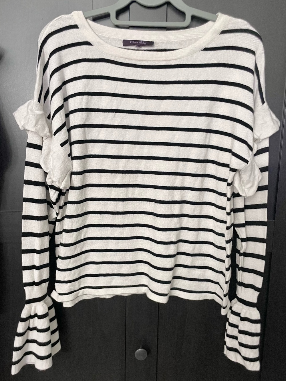Olivia Sky ~ Cream and Black Striped Bell Sleeve Sweater - L